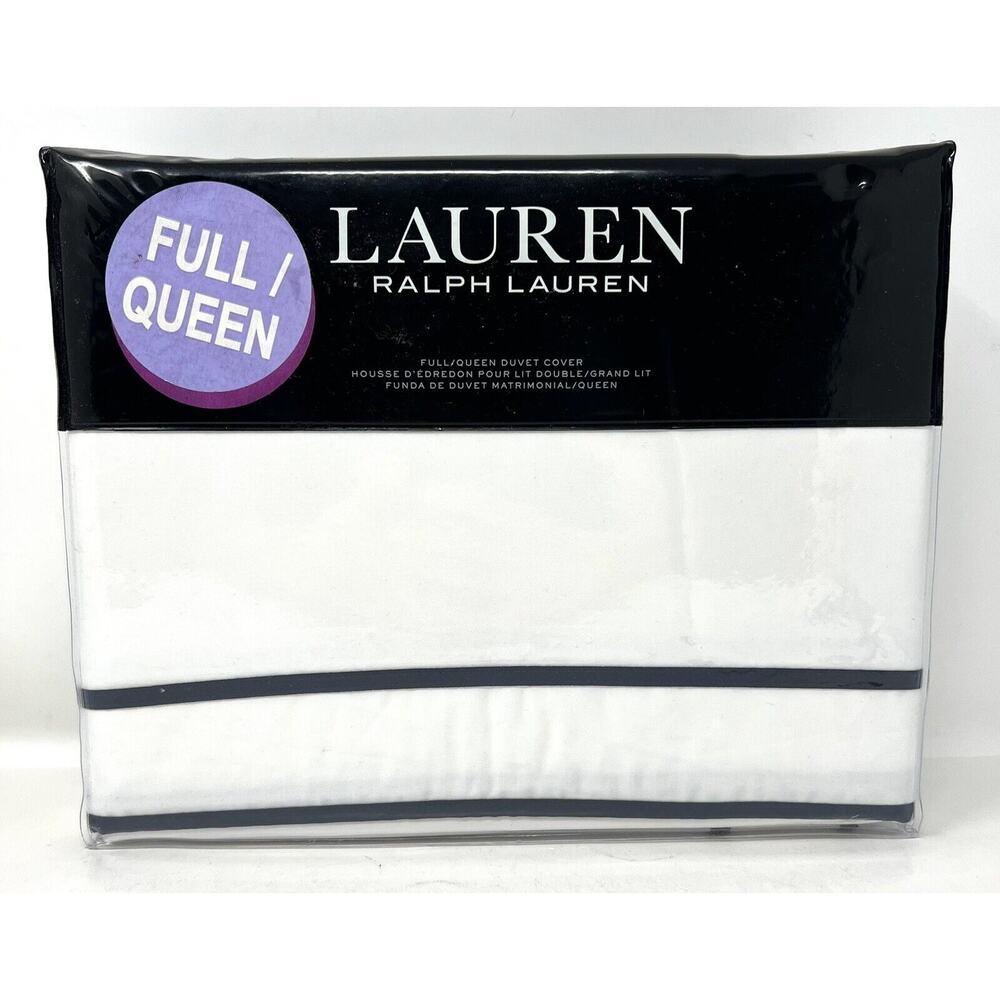 Ralph Lauren Spencer Border Sateen Full/Queen Duvet Cover NAVY White Blue NIP